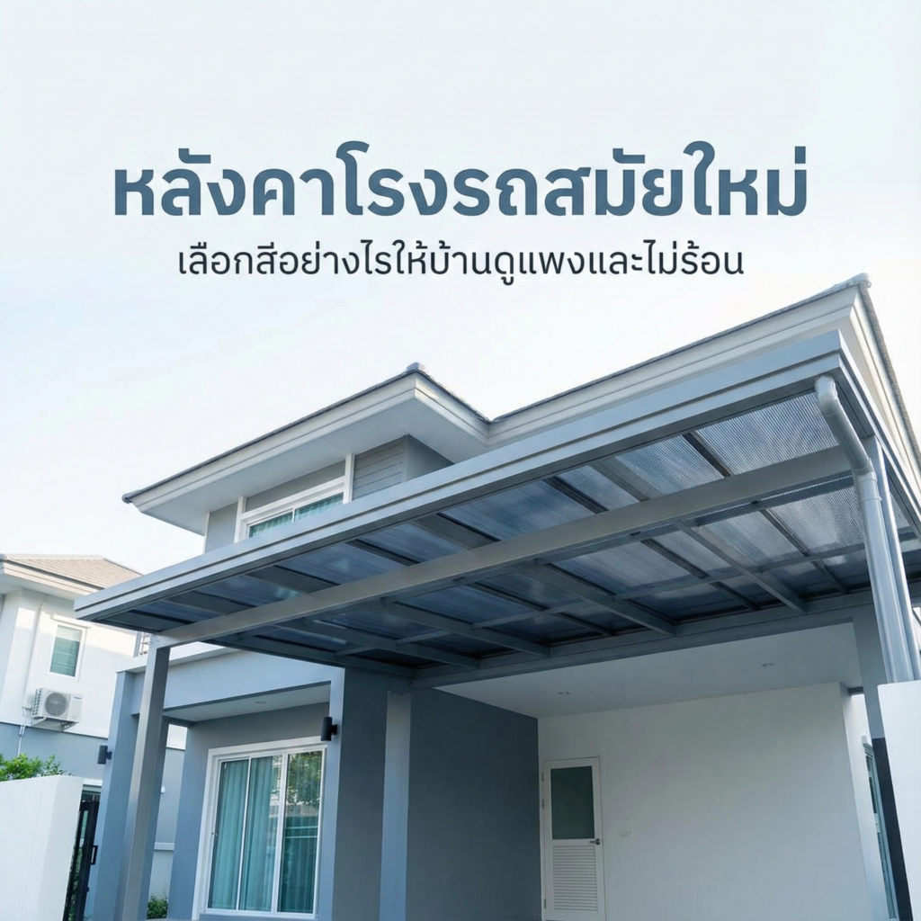 หลังคาโรงรถสีเทาดำ สไตล์โมเดิร์น ตัดกับโครงเหล็กสีดำ